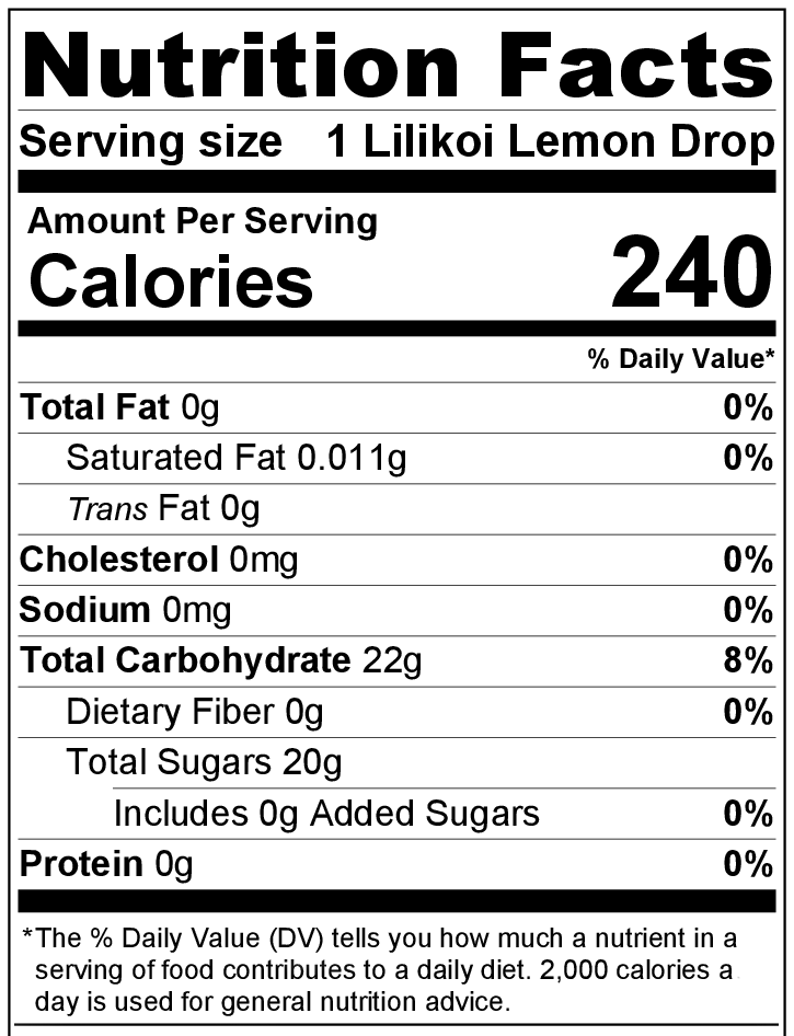 Lilikoi Lemon Drop nutrition label